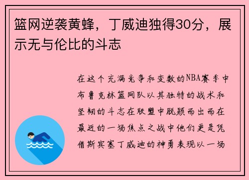 篮网逆袭黄蜂，丁威迪独得30分，展示无与伦比的斗志