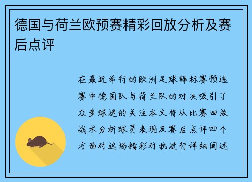 德国与荷兰欧预赛精彩回放分析及赛后点评